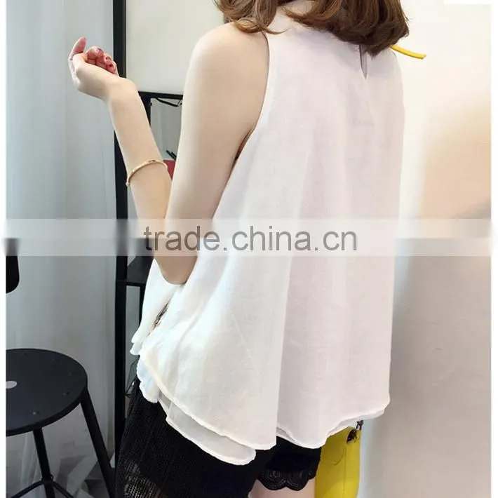 Latest Women's Clothing Loose Embroidery White Chiffon Vest 2015