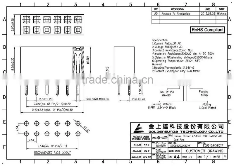 2.54mm Pitch PCB Board to Board Female Header Connector 4 ~ 80 Pin Available