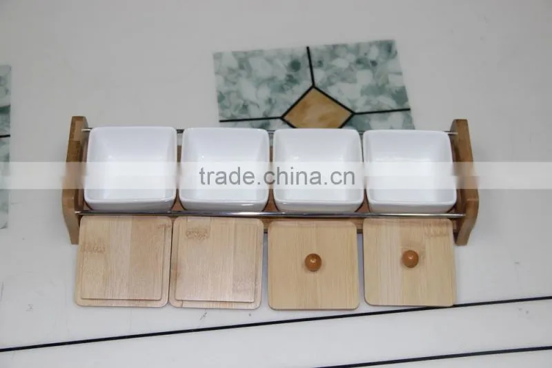 white porcelain chip and dip bowl set bamboo tray