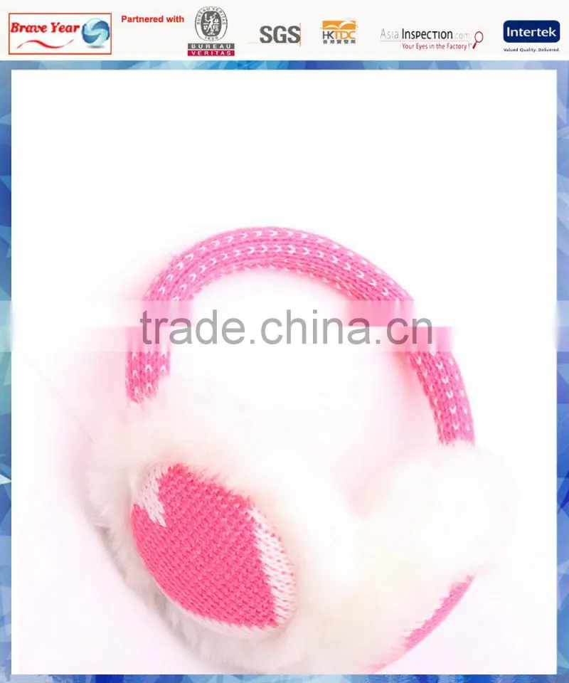 pink hear knitted girls winter earmuffs with fluffy lining