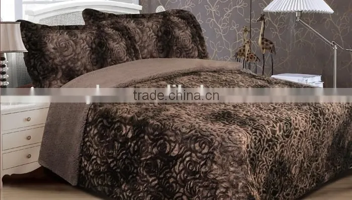 very warm and soft rose design PV plush throw blanket & bedding set