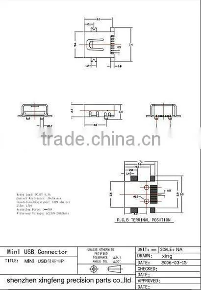 8 pin mini usb connector brass-plated