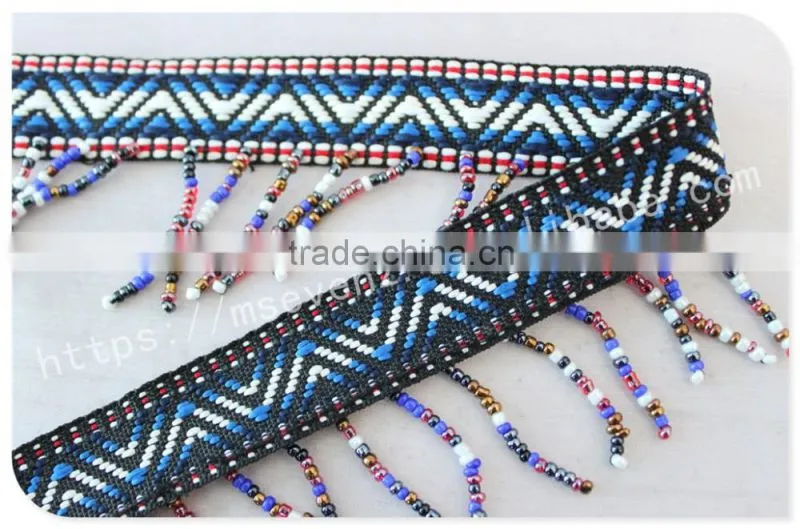 Hot selling 5cm width polyester ethnic cheap beaded fringe trim wholesale