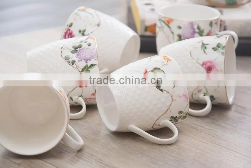 Pure white embossed grace porcelain 15pcs arabian tea set, vintage ceramic arabic teapot gift tea set
