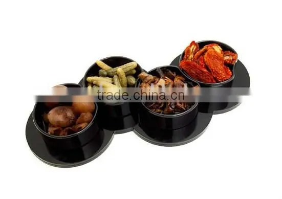 4 compartment bowl, soy sauce black plastic bowl with divider
