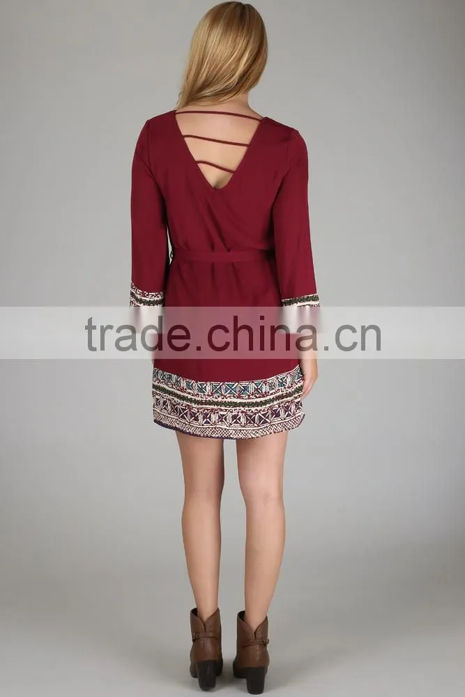 FASHION DRESS PRINTED BORDER SASH TIE DRESS
