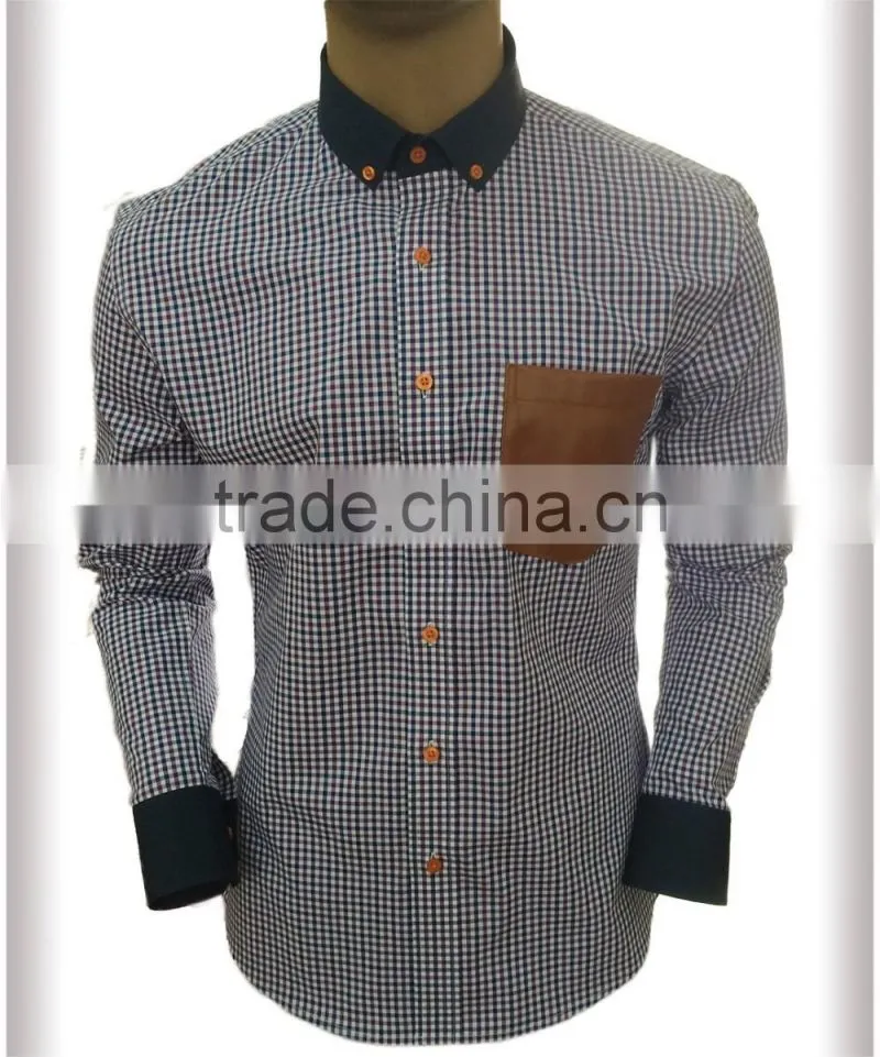 leather pocket on left check checked men's casual shirt in latest design