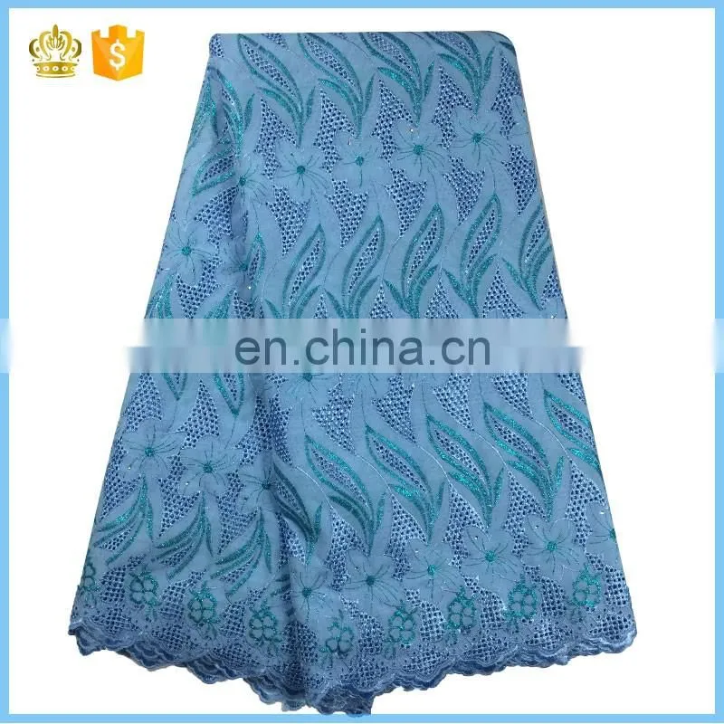 Hot selling swiss voile lace fabric, 100% cotton lace, Embroidery lace fabric with stones for wedding dress F15121112