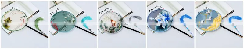 Chinese style multi-pattern silk embroidery dual-faced handmade round fan with long handle and tassel pendant(19*37cm)