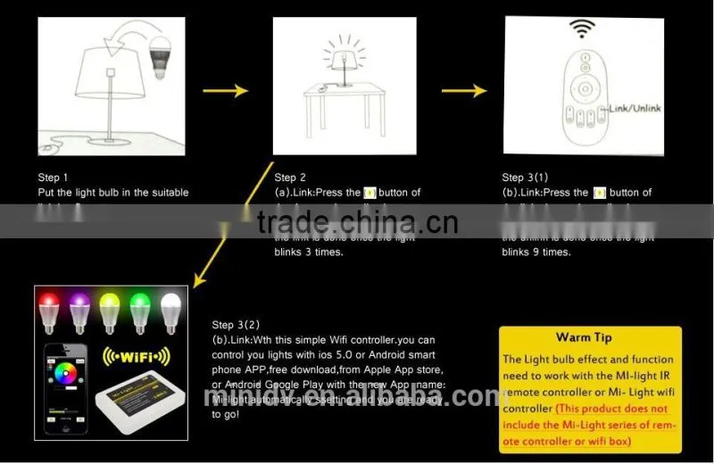50000 Hours Lifespan 9W RGBW Mi.light E27 WiFi LED Bulb 6000-6500K Color Temperature Adjustable With Free Remote Android IOS APP