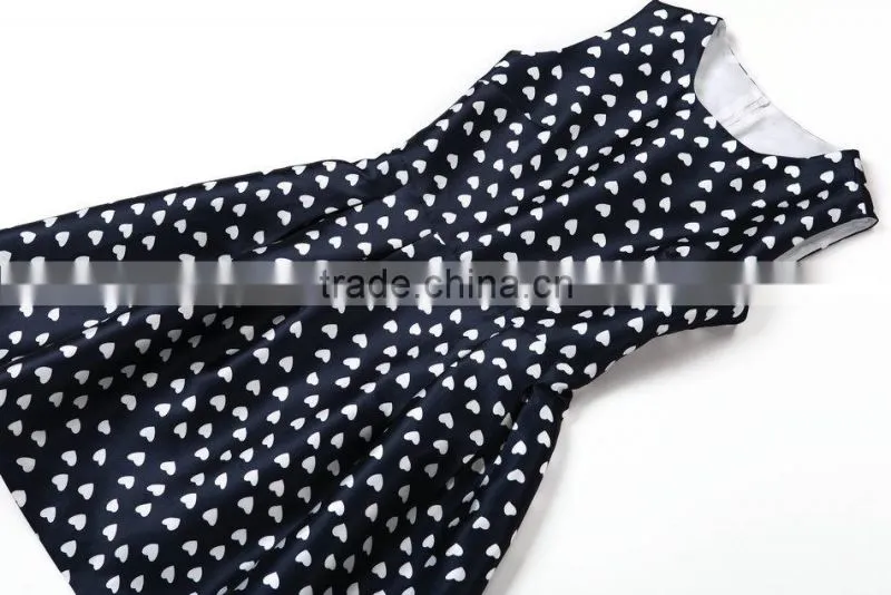 100% polyester sleeveless heart printed summer dress 2014 with good lining