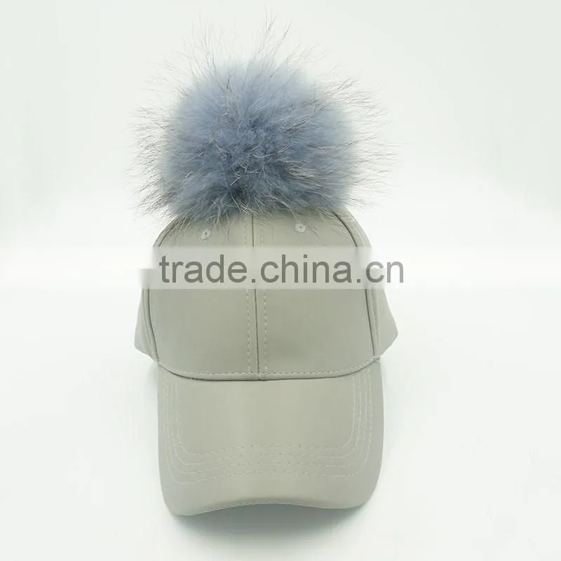 Big genuine raccoon fur ball PU leather baseball caps New 5 panel outdoor waterpoof sport hats