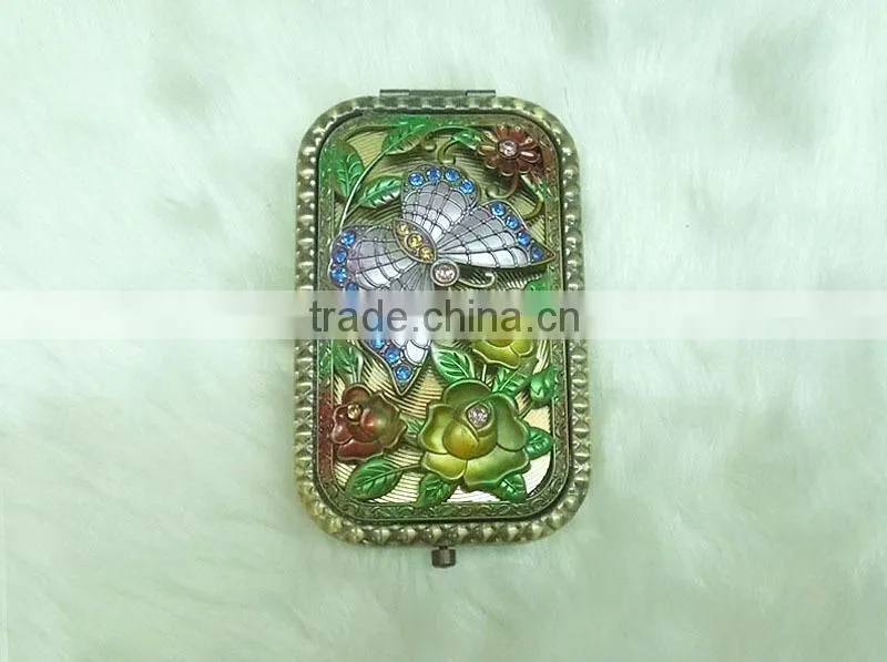 Butterfly and flower bronze pocket mirror with rhinestone