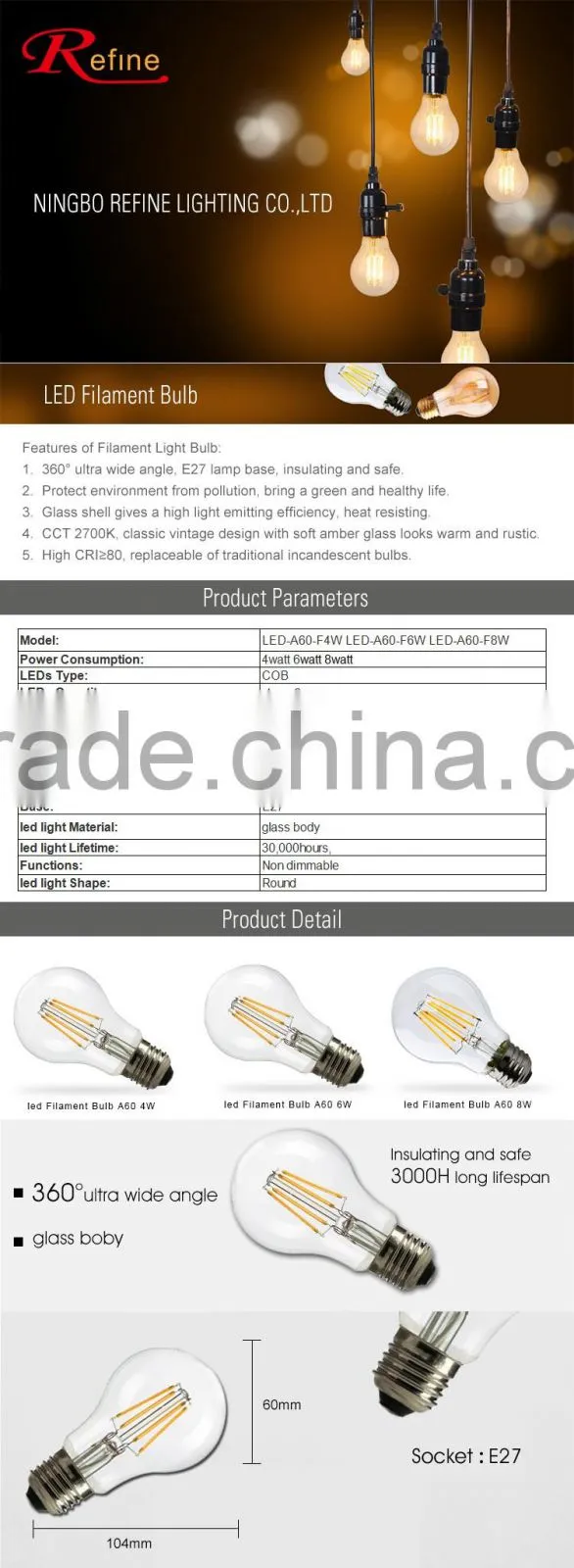 2016 hot AC170-265V 4W A60 Dimmable Clear Glass Filament LED Bulb