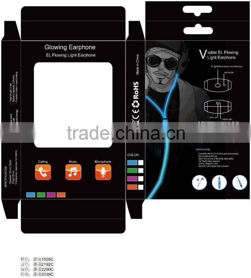 Cheap Fashion visible flow light EL earphone glow earbuds customized logo