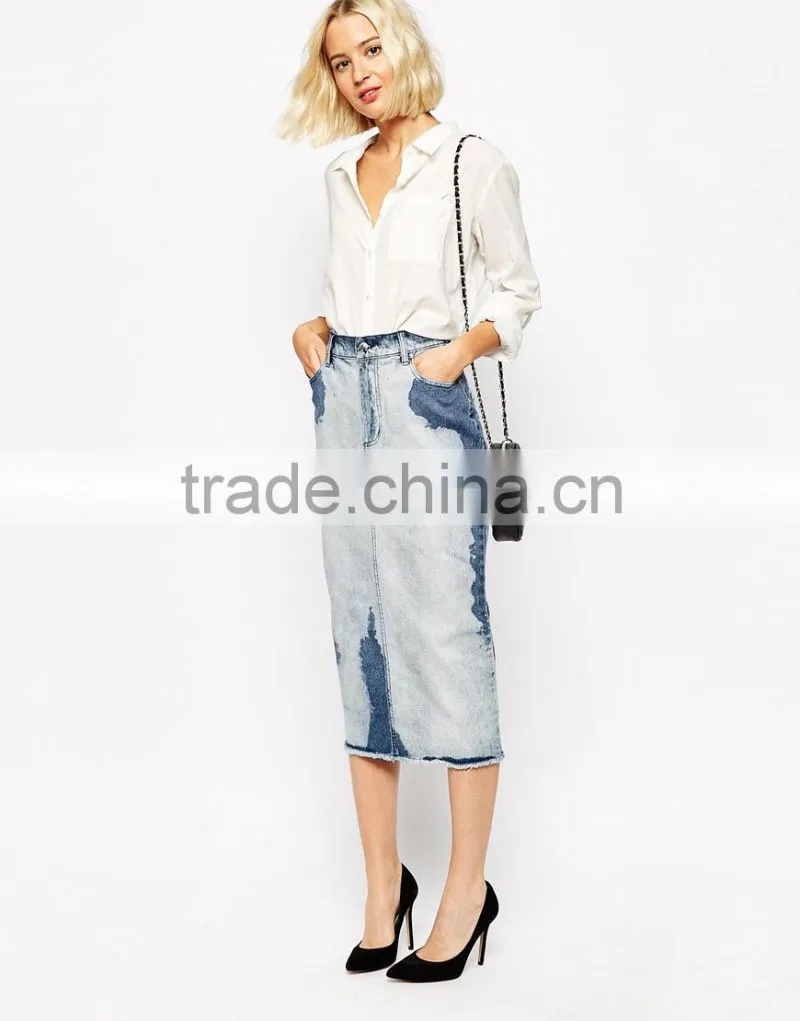 women long denim skirt midi length white denim Skirt