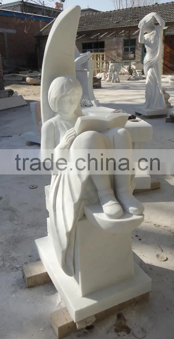 Hand Carved White Marble Garden Girl Reading Book Sculpture