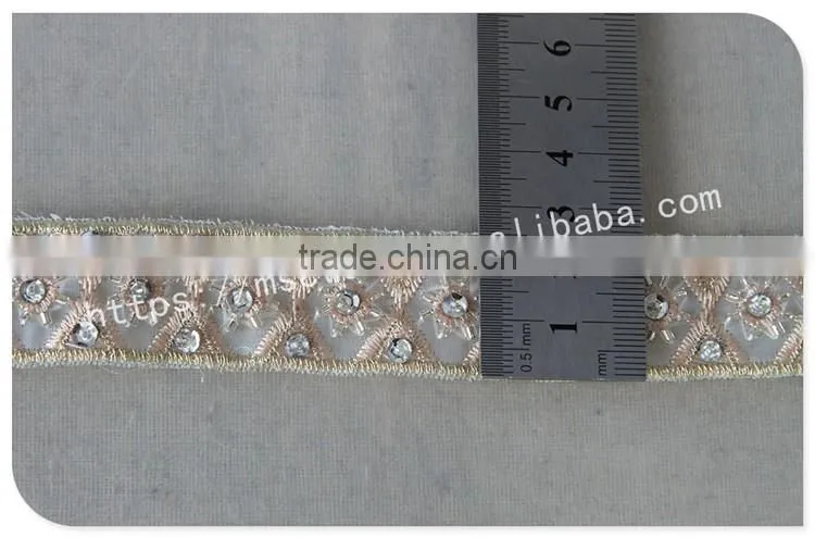 Elegant design 2.5cm width champagne crystal trim bridal embrodiery