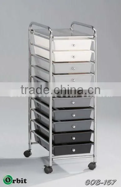 Plastic mobile storage trolley, space saver rolling storage drawer cart