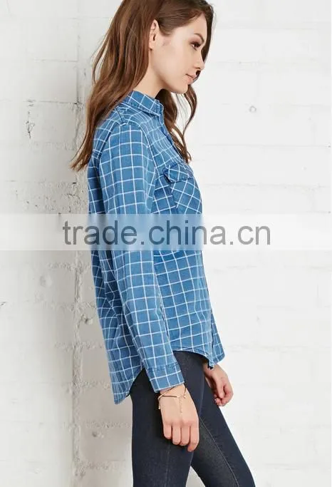 2015 custom women's blue plaid long sleeve 100% cotton flannel shirt