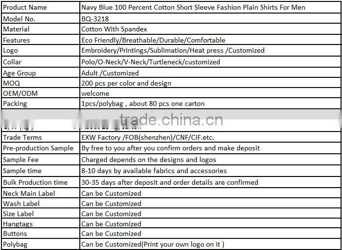 Navy Blue 100 Percent Cotton Short Sleeve Fashion Plain Shirts For Men