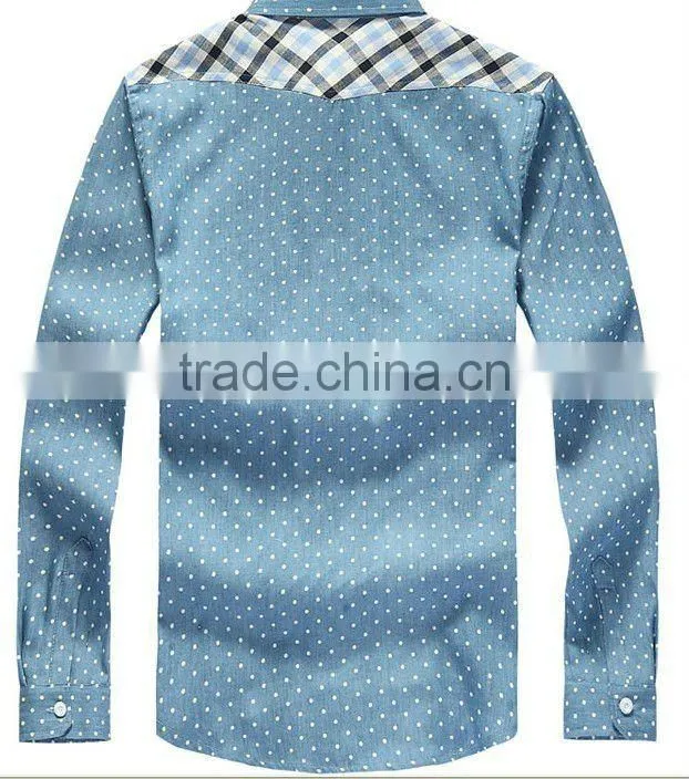 latest 100% cotton light blue dot denim cowboy long sleeve casual shirt for men with one pocket