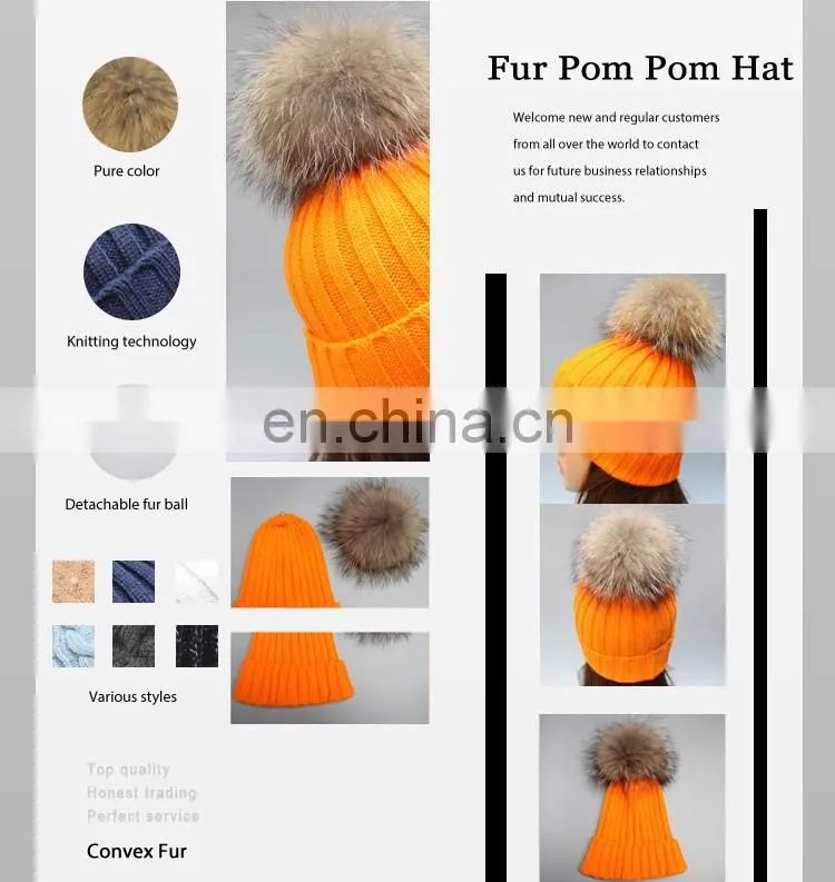 2016 Girls winter knitted fur bobble hat with big genuine raccoon fur bobble