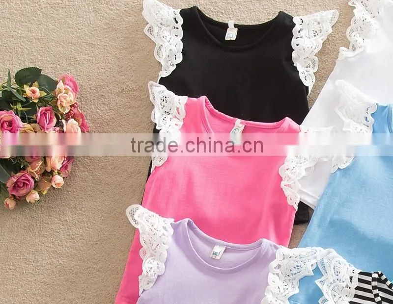 Ins New style kids boutique clothing colorful t-shirts fly sleve lace design pure cotton high quality newbron baby girls shirts