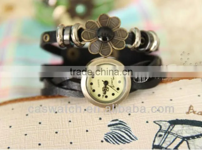Fashion vintage long strap flower leather women watch