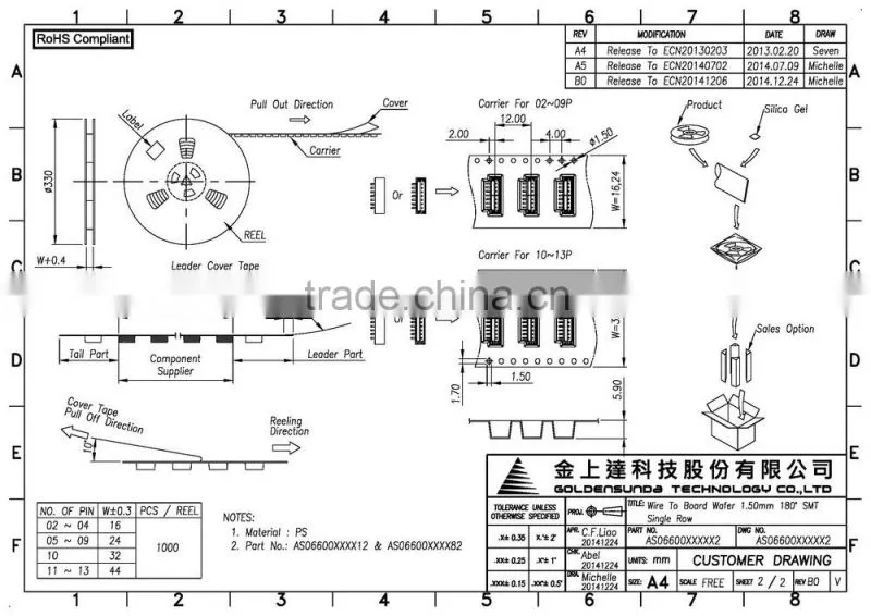 1.5mm Pitch 2 ~ 13 Pin Available Electronic Wire to Board male pin Connector