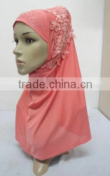 H274 latest one piece instant hijab with lace and rhinestones,muslim scarf
