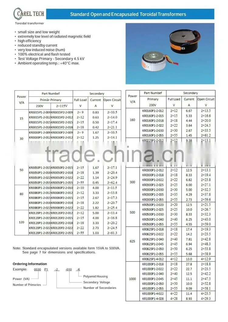 CE ROHS 24V 1500VA 24-0-24 toroidal transformer for audio amplifier, transformer toroidal