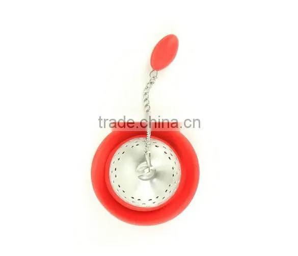 TD-072-Cute Loose Leaf Stainless Steel Tea Infuser with Silicone Drip Tray- Burgundy Red Color