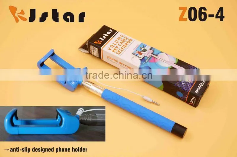 2015 hottest KJstar Z06-4 Volume Key Cable Selfie Stick with foldable designed smart phone clip