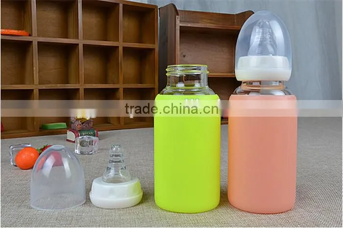High quality cute baby feeding bottle,food grade BPA free baby feeding bottle,silicone glass milk bottle for baby feeding