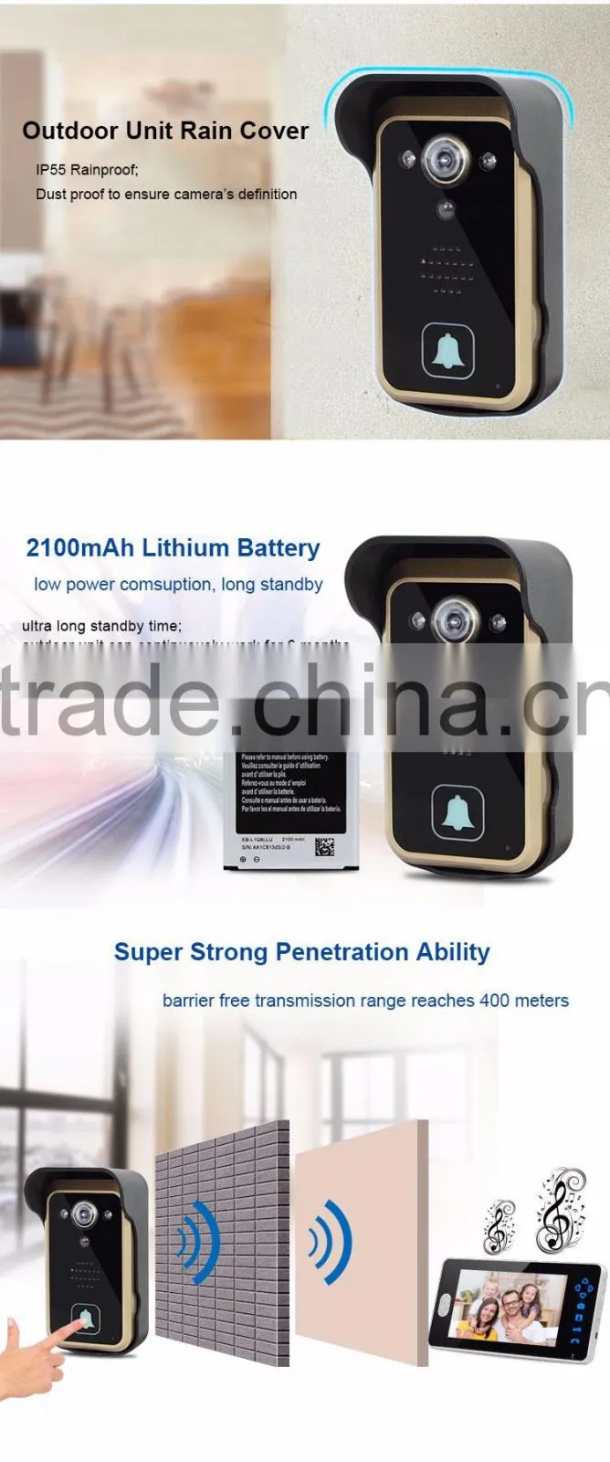 Home Security 1 Camera 3 Monitors Wireless Color Video Doorphone