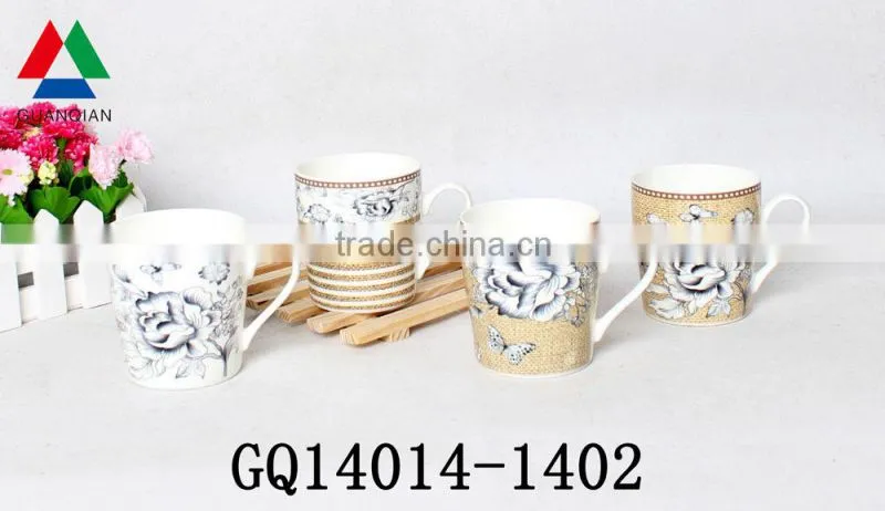 Cheap sale fine bone china tea cups with decals V-shape and hand bulk packing