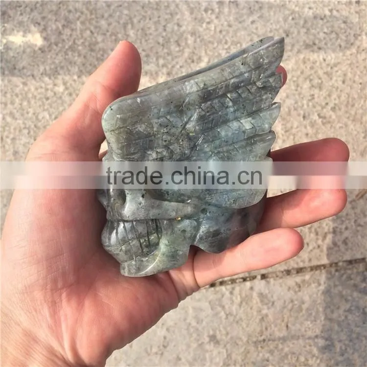 Natural Labradorite Skull Crystal Stone Angel Wings Ornaments