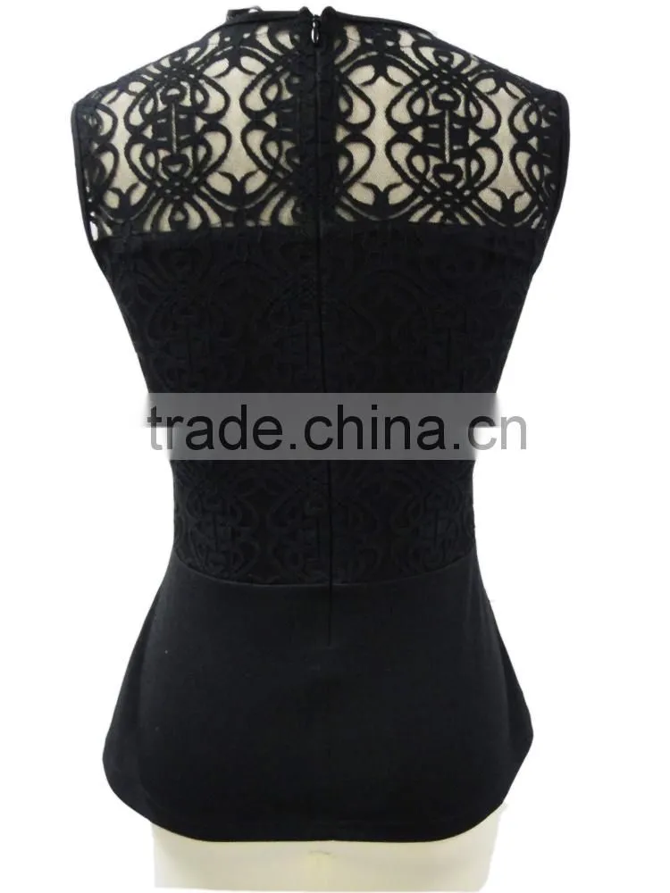 delicate carving black sleeveless blouse solid pattern top