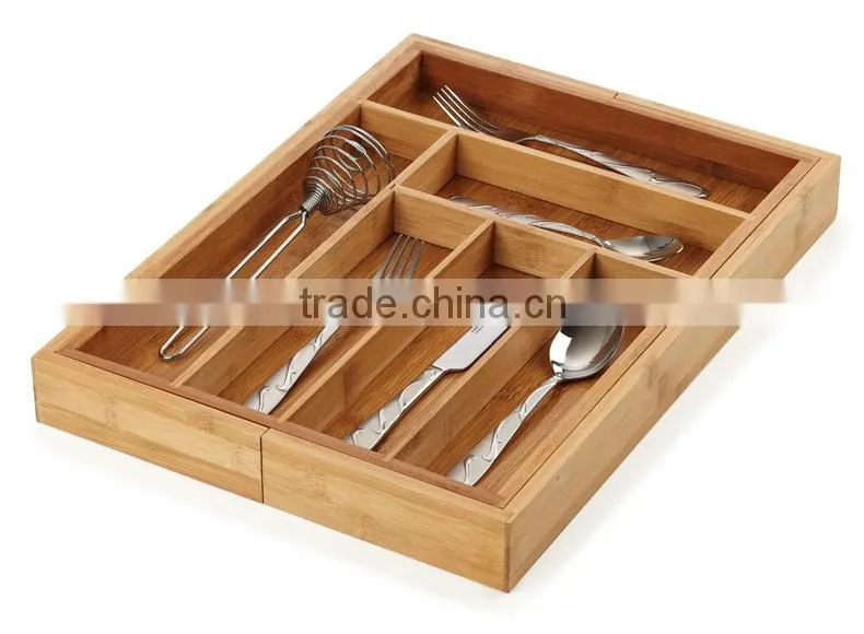 BH003/Expandable Bamboo Cutlery Drawer Organizer with Knife Block Compact Storage Tray