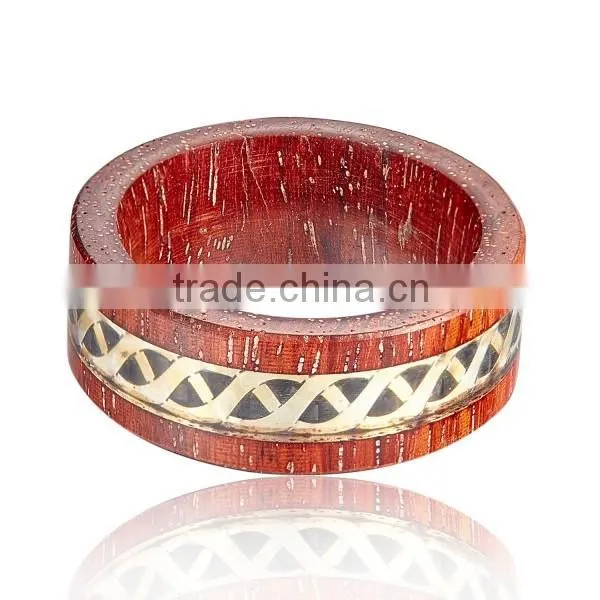 Natural Red Wooden Ring with Metal Piece Inlay