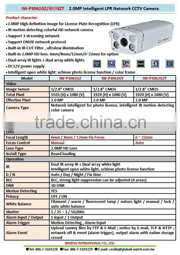 IW-P3062GZT 2MP Auto Focus License Plate Recognition CCTV Camera