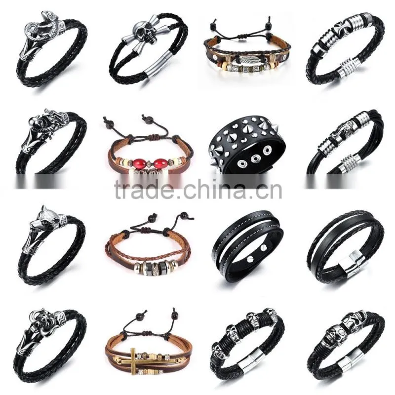 Men Stainless Steel Wolf bracelet , Braided Black Leather Bracelet