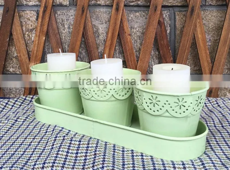 3 in 1 country style home decor metal pot with tray for artificial flower