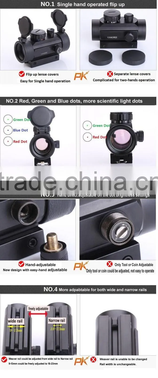 Erains TAC Optics New Airsoft tactical Dual Rails Fitting Combat 1x40 red green and blue aiming dots tactical red dot sight