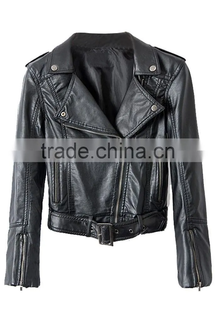 Womens Cuff Lapel Punk Zip Slim Fit Faux PU Leather Motorcycle Sexy cool Short Jacket
