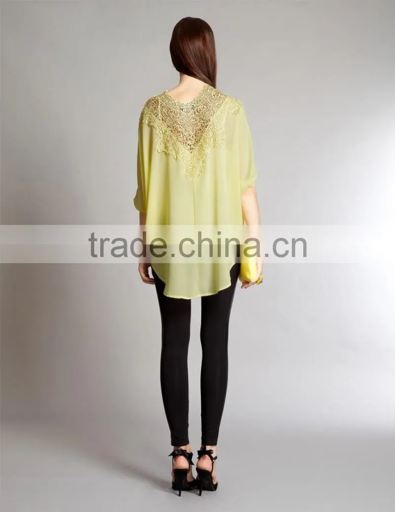 wholesale Embroidered Summer Yellow Tunic Top, fancy top,lady blouse & top