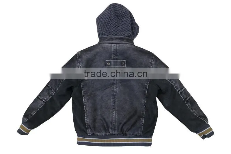 Newest fashion kids black leather jacket with hood