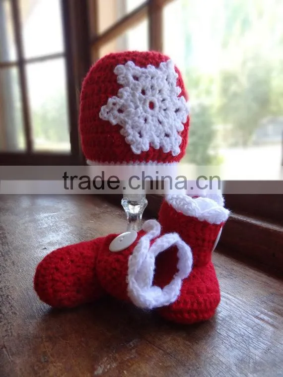 Wholesale baby christmas hats hand crochet knitting baby hats bright red trimmed in white