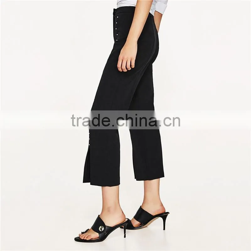 Breathable black pearl studded dress black pants with slits
